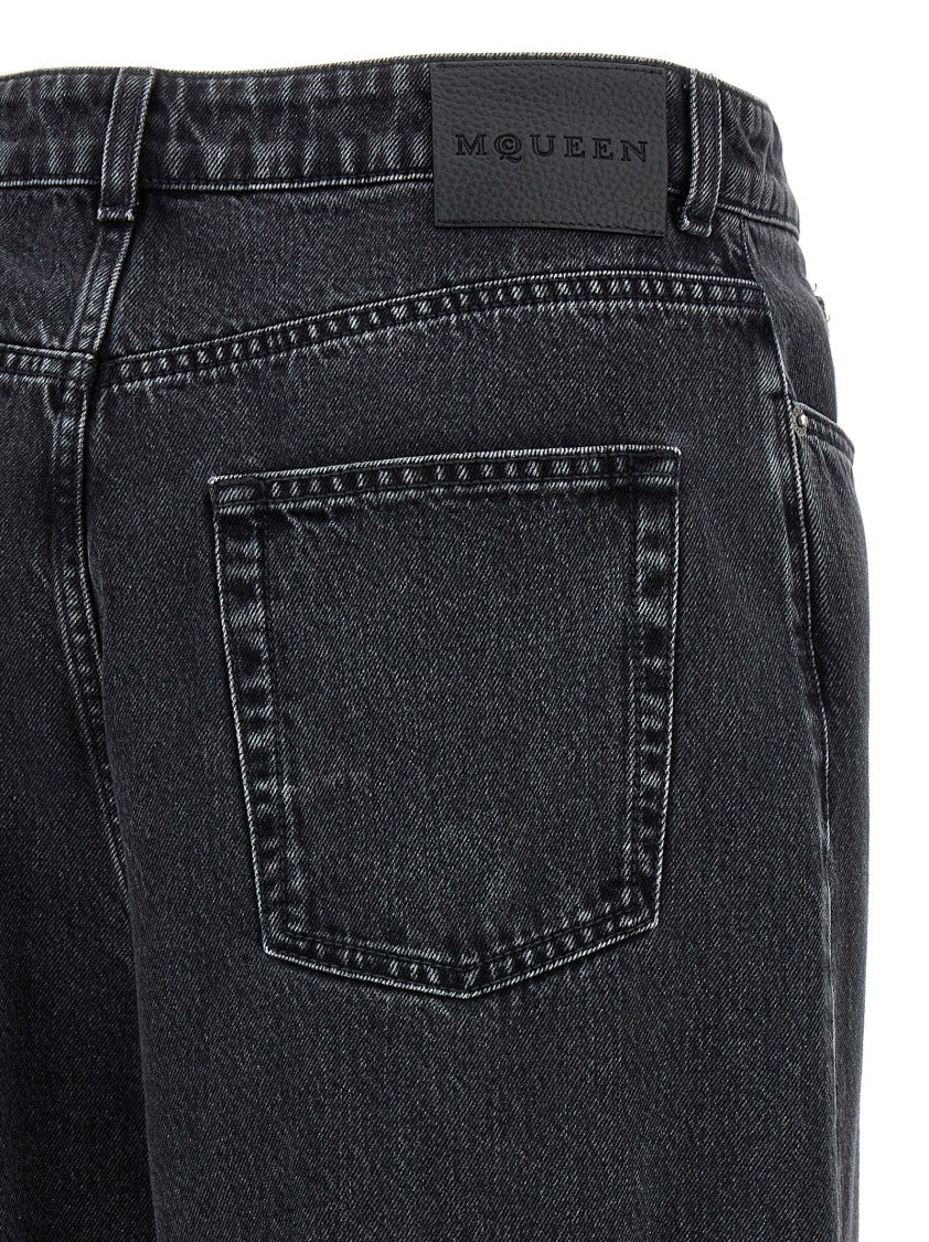 Mcqueen High-Waisted Wide-Leg Jeans In Black Delavé Denim