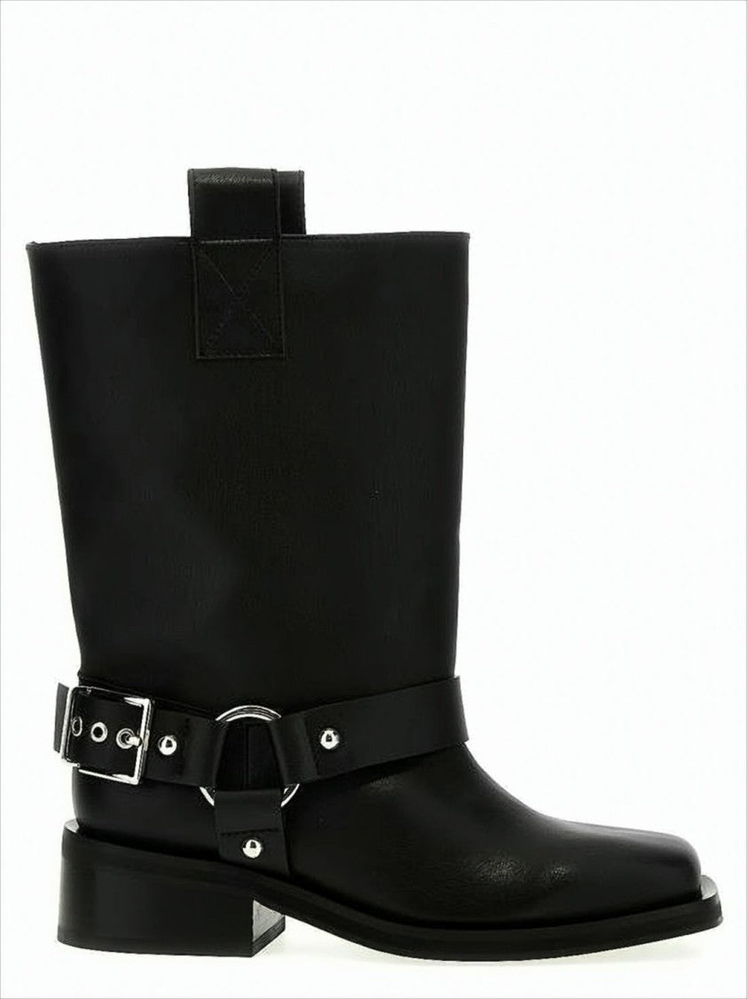 Ganni Mid-Calf Leather Boots With Decorative Strap And Buckle Detail