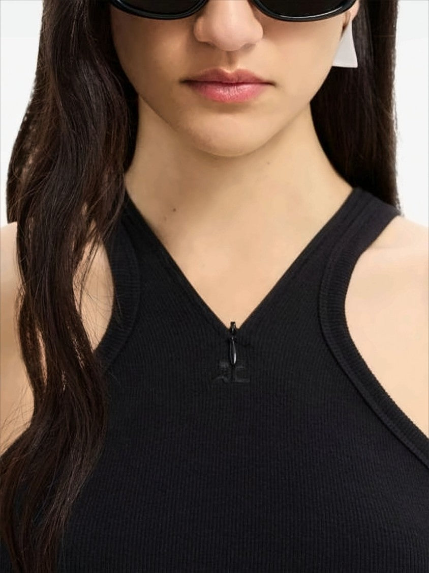 Courrèges Fitted Black Sleeveless Ribbed Top With Subtle Zipper