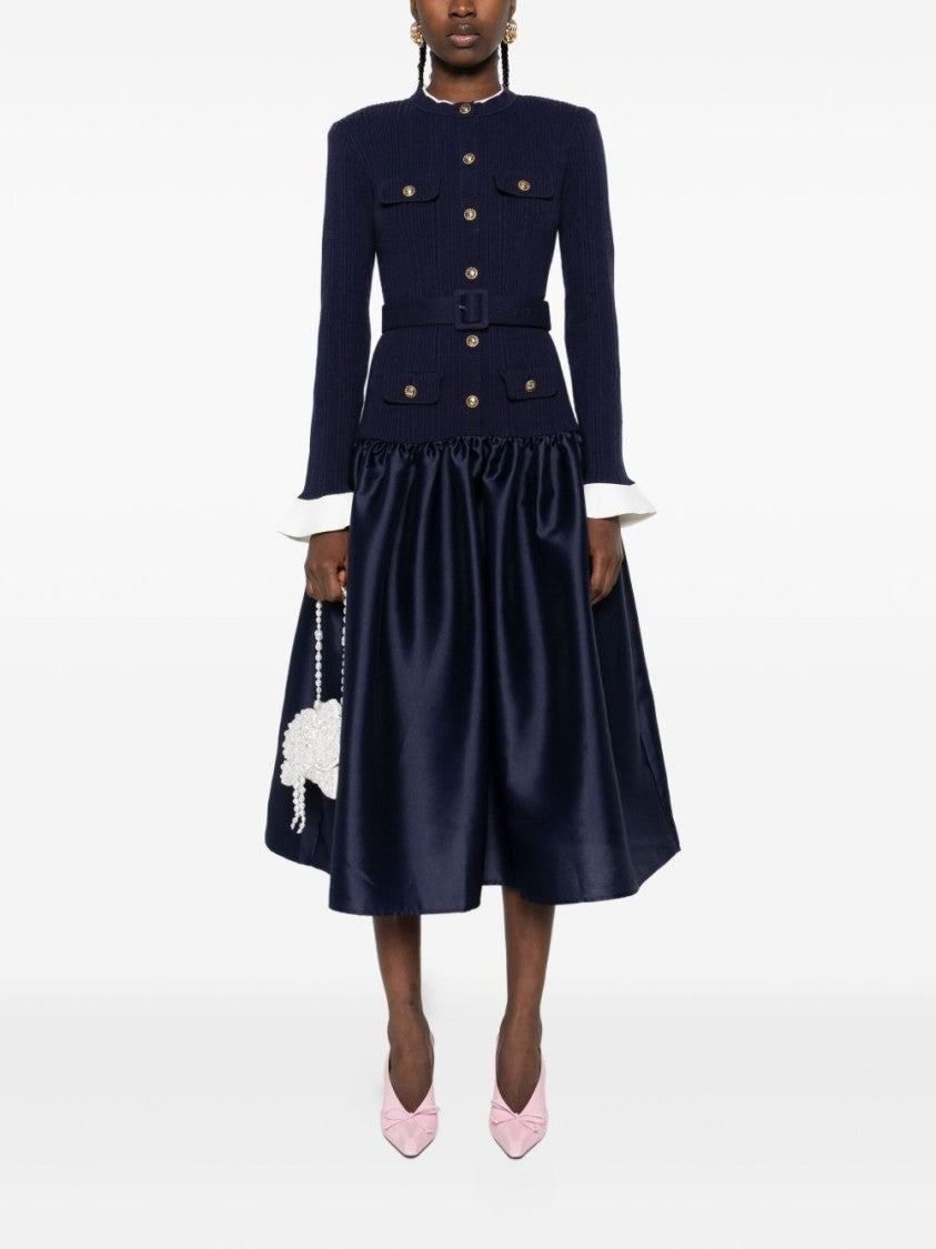Self-Portrait Navy Knit Taffeta Midi Dress