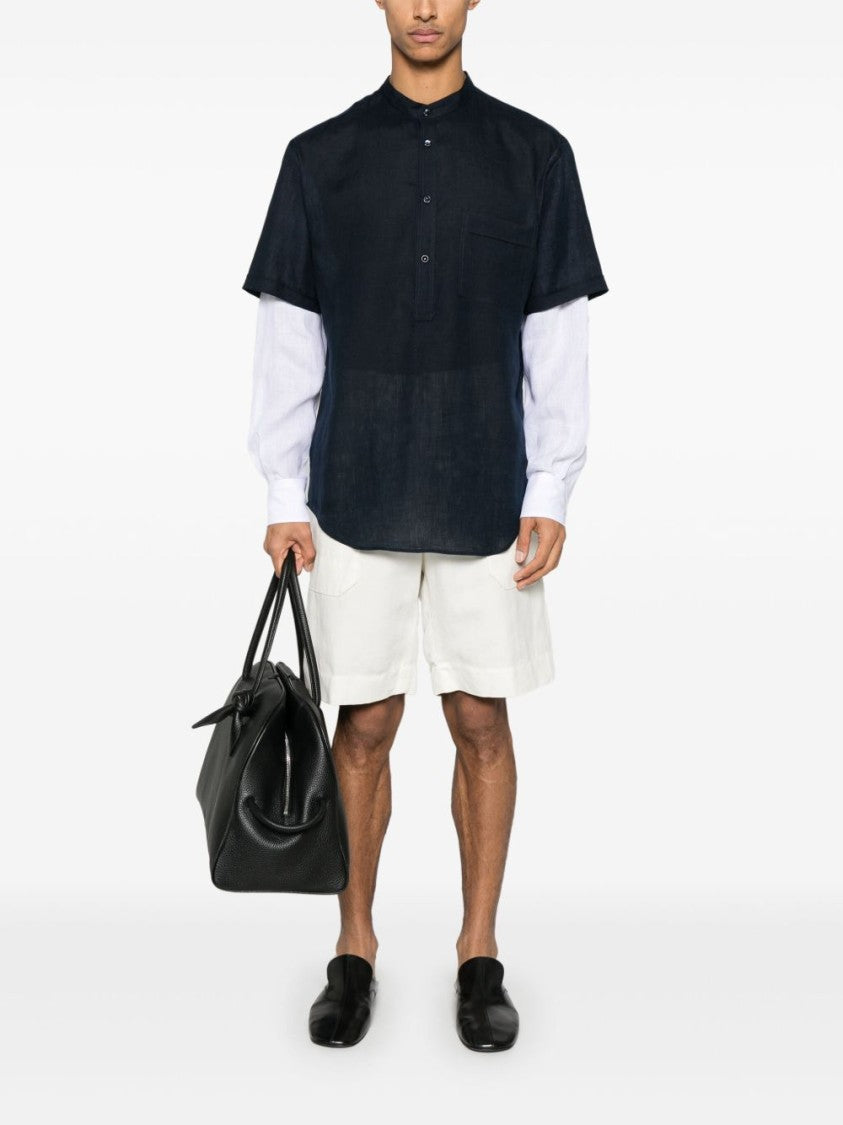 Giorgio Armani Layered Navy Blue Shirt With Band Collar And Buttoned Cuffs