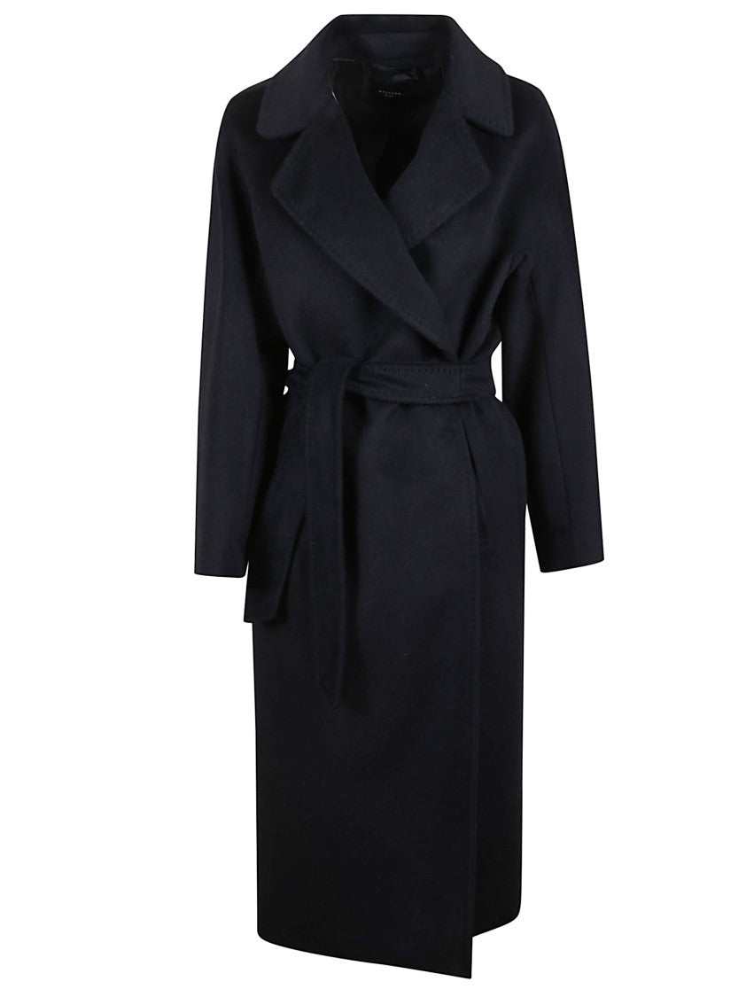 Max Mara Robe-Style Black Alpaca Wool Coat With Tailored Stitching