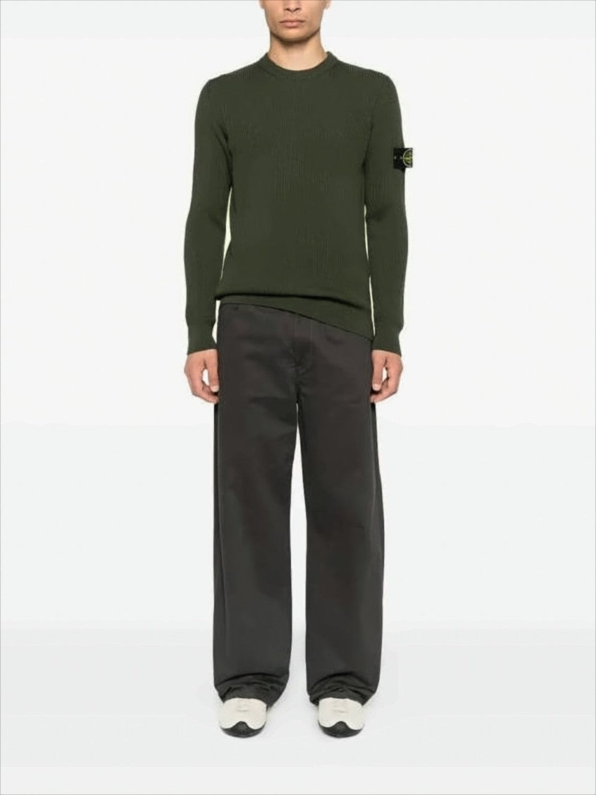 Stone Island Ribbed Knit Wool Sweater With Iconic Patch Logo