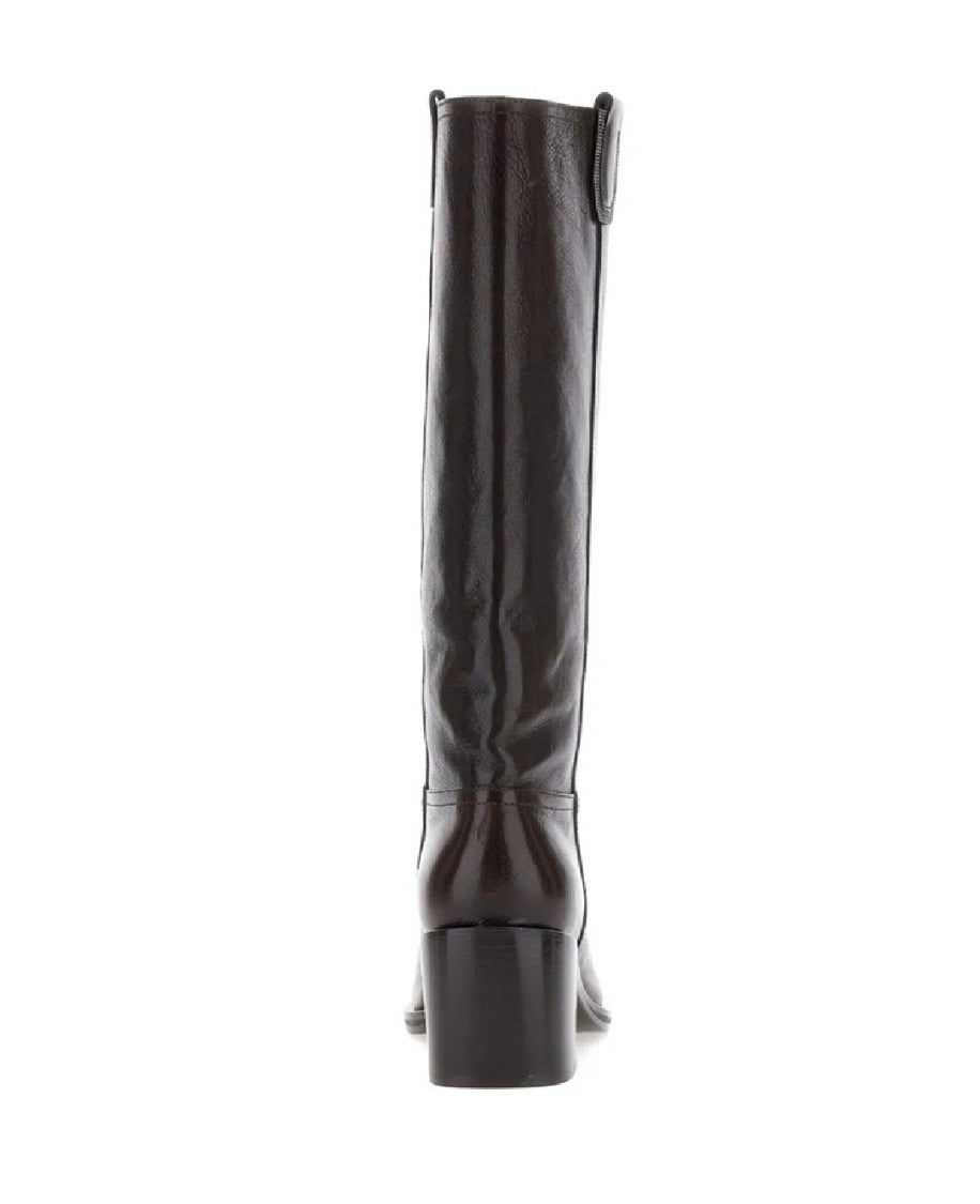 Brunello Cucinelli Polished Leather Mid-Calf Boots With Block Heel