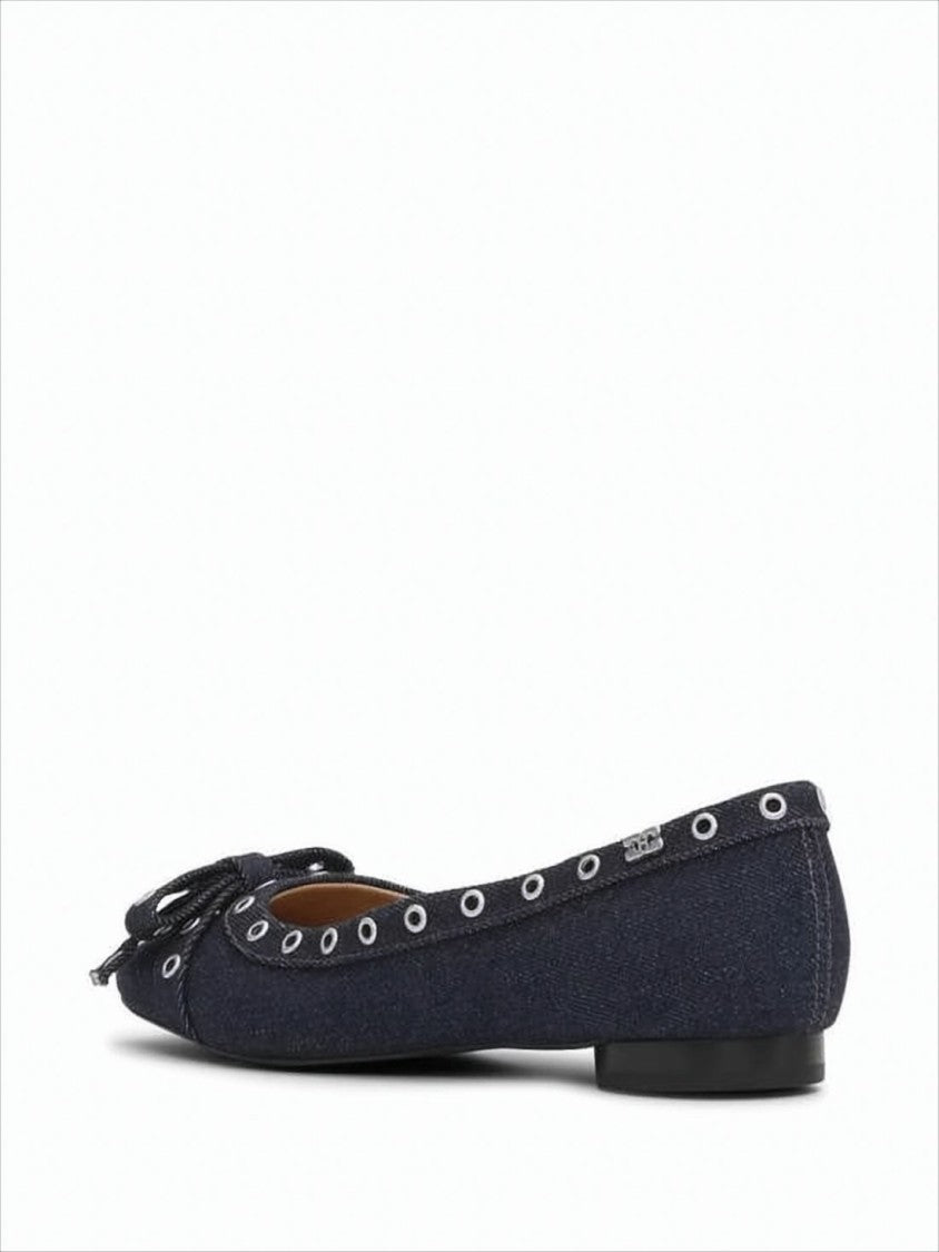 Ganni Pointed Toe Flat Shoes With Decorative Bow And Metal Eyelets