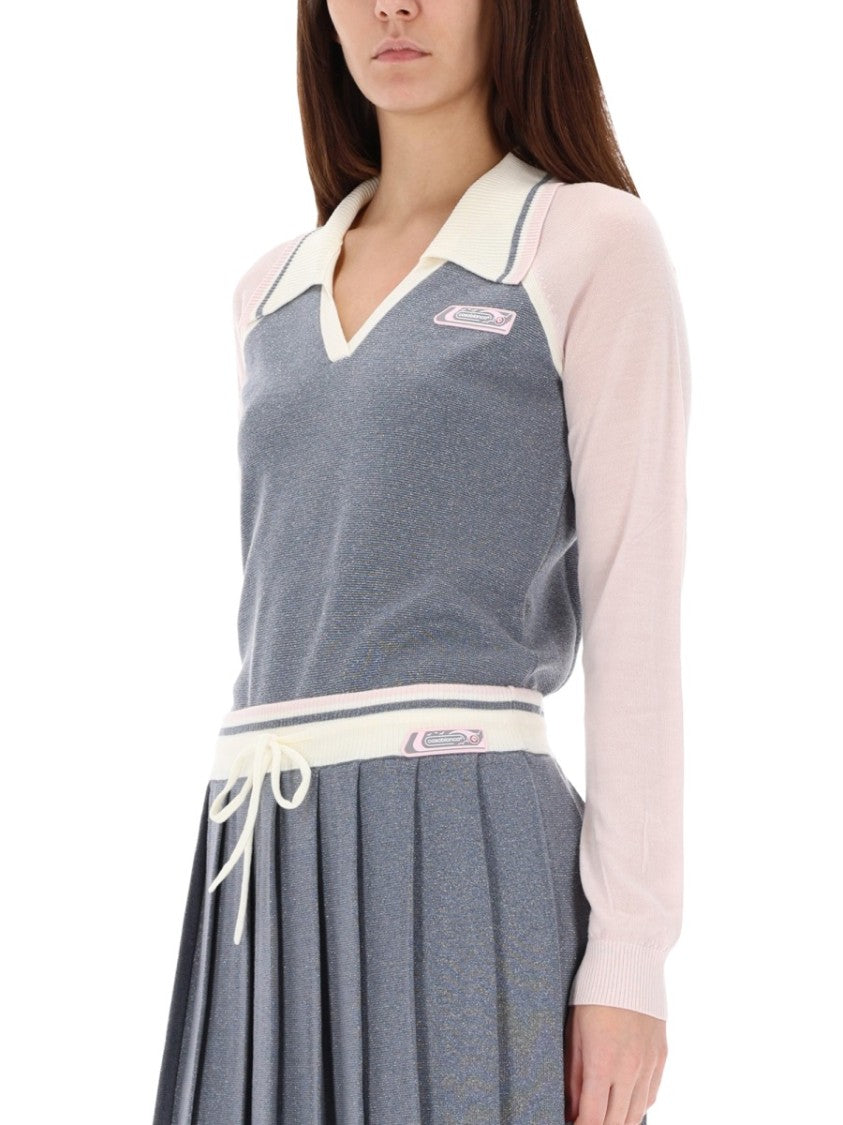 Casablanca Long Sleeve Polo Shirt With Pleated Hem And Contrasting Trim