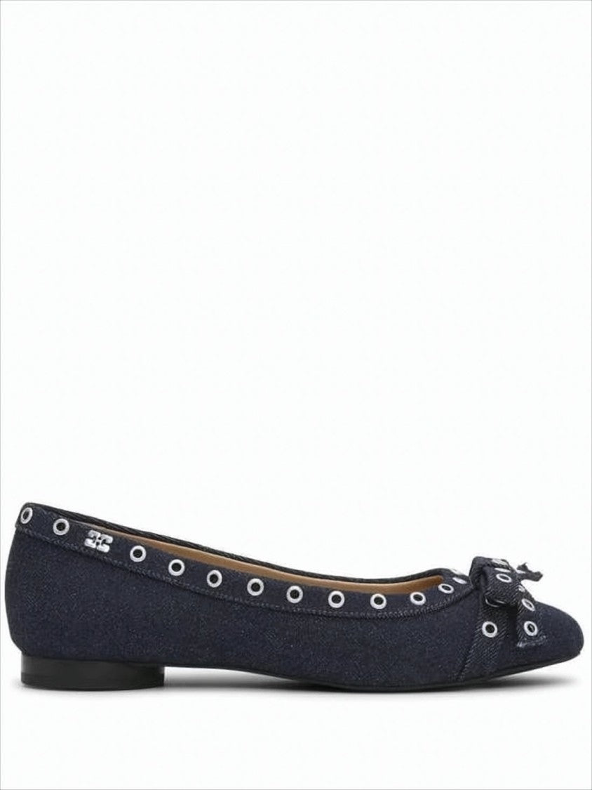Ganni Pointed Toe Flat Shoes With Decorative Bow And Metal Eyelets