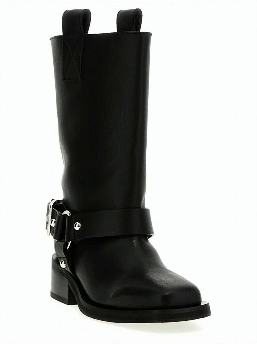 Ganni Mid-Calf Leather Boots With Decorative Strap And Buckle Detail