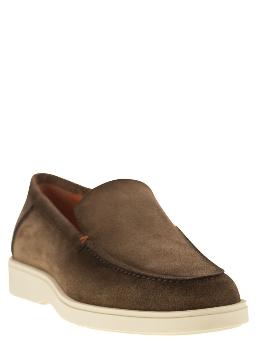 Santoni Brown Suede Moccasin With Orange Detailing