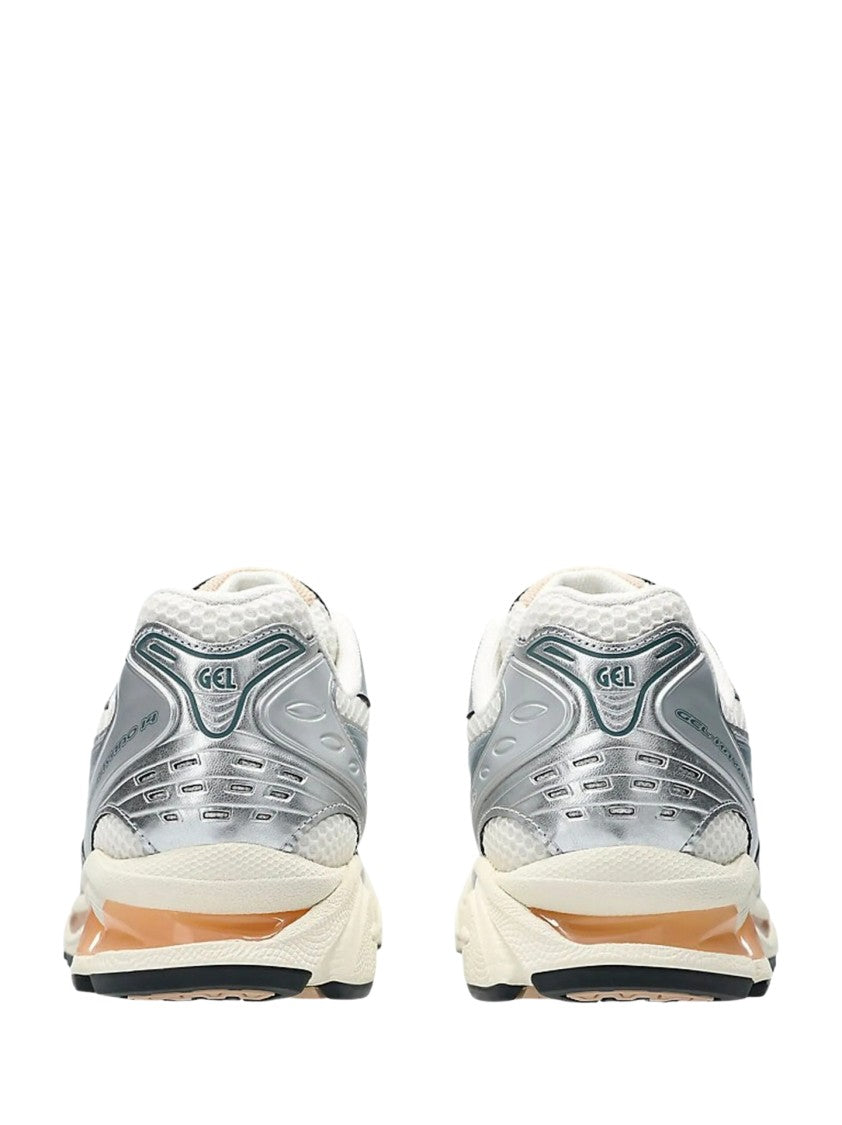 Asics Beige Mesh Sneakers With Metallic Silver Overlays And Teal Accents