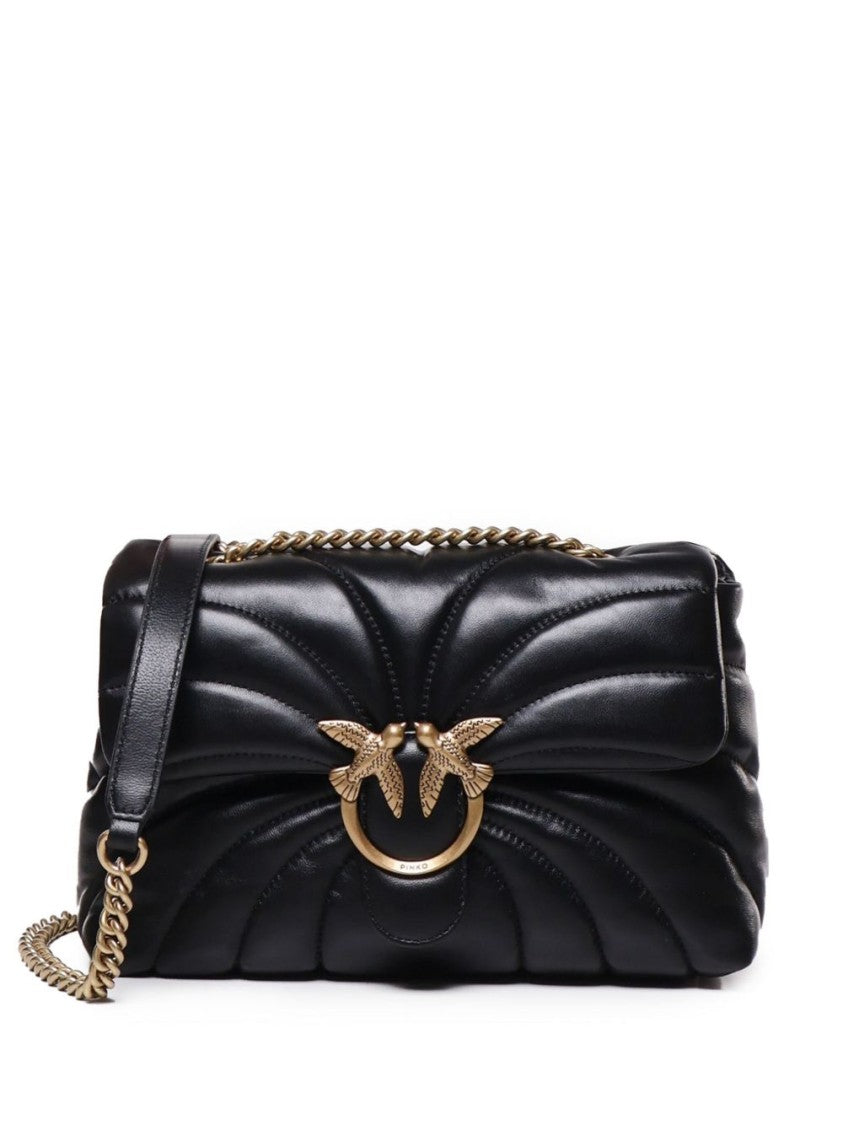 Pinko Quilted Black Calf Leather Foldover Bag With Love Birds Buckle