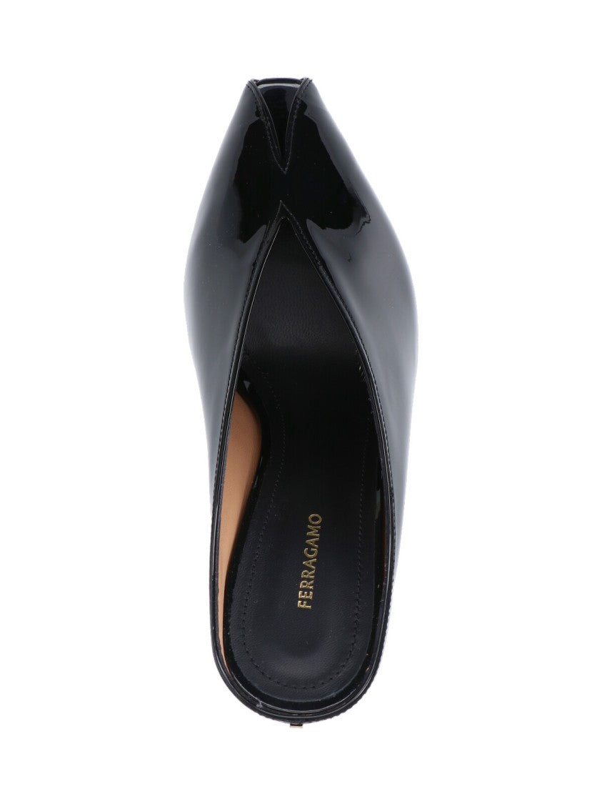 Ferragamo Wedge Mules, In Black Shiny Bull Leather