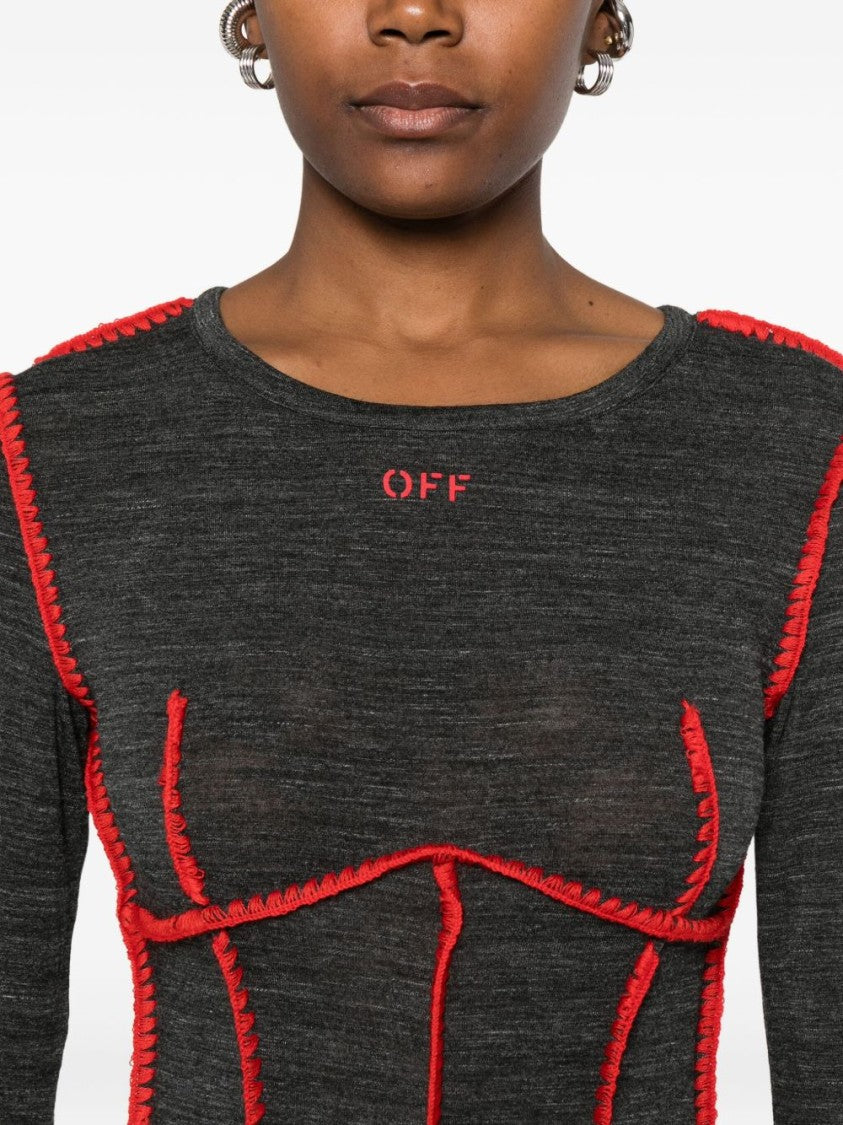 Off-White Fitted Midi Dress With Contrast Stitching