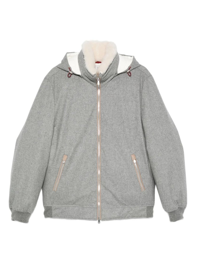 Brunello Cucinelli Textured Grey Coat With Plush Hood And Zippered Pockets