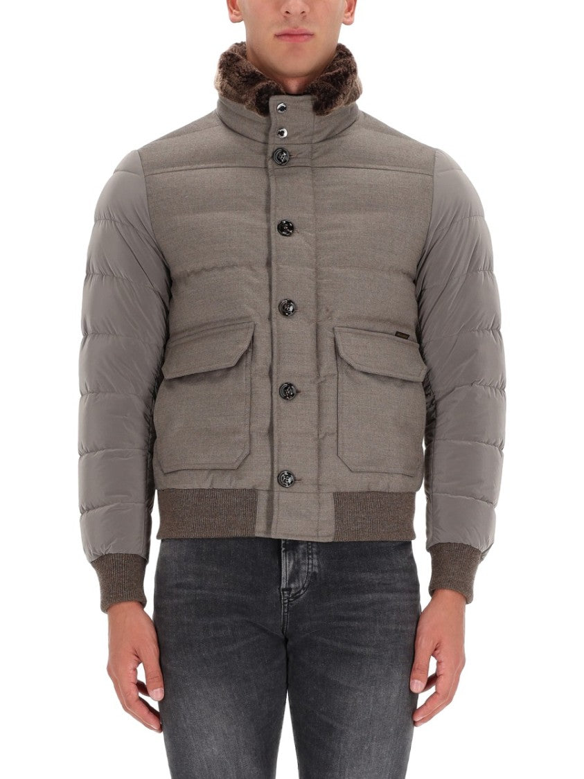 Moorer Padded Grey Jacket With High Faux Fur Collar And Quilted Design