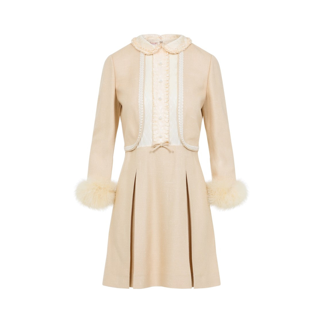 Valentino Nude Viscose-Silk Blend Dress With Feather-Accented Cuffs