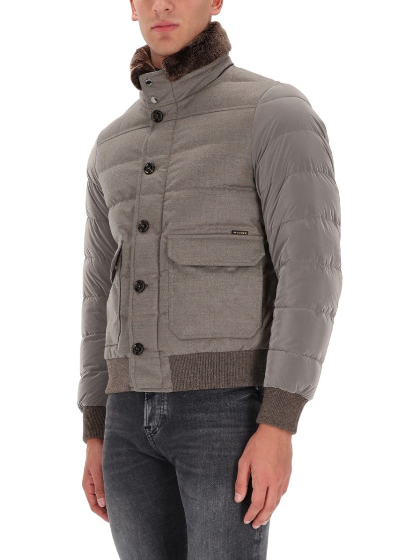 Moorer Padded Grey Jacket With High Faux Fur Collar And Quilted Design