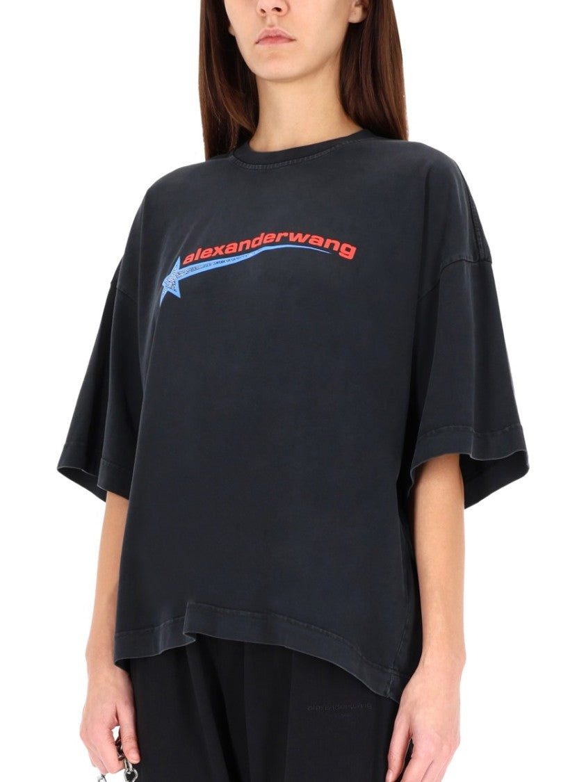 Alexander Wang Loose-Fitting Black T-Shirt With Graphic Design And Uneven Hem