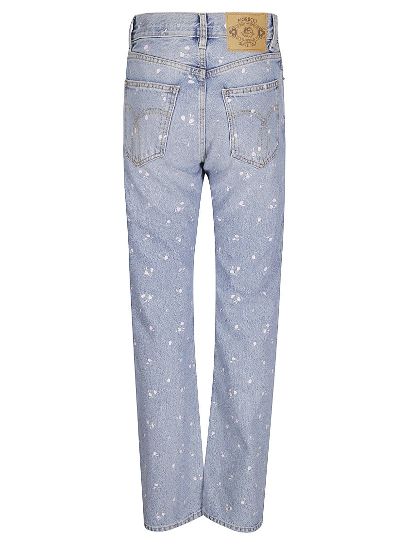 Fiorucci Light Blue Floral Print Straight Fit Jeans
