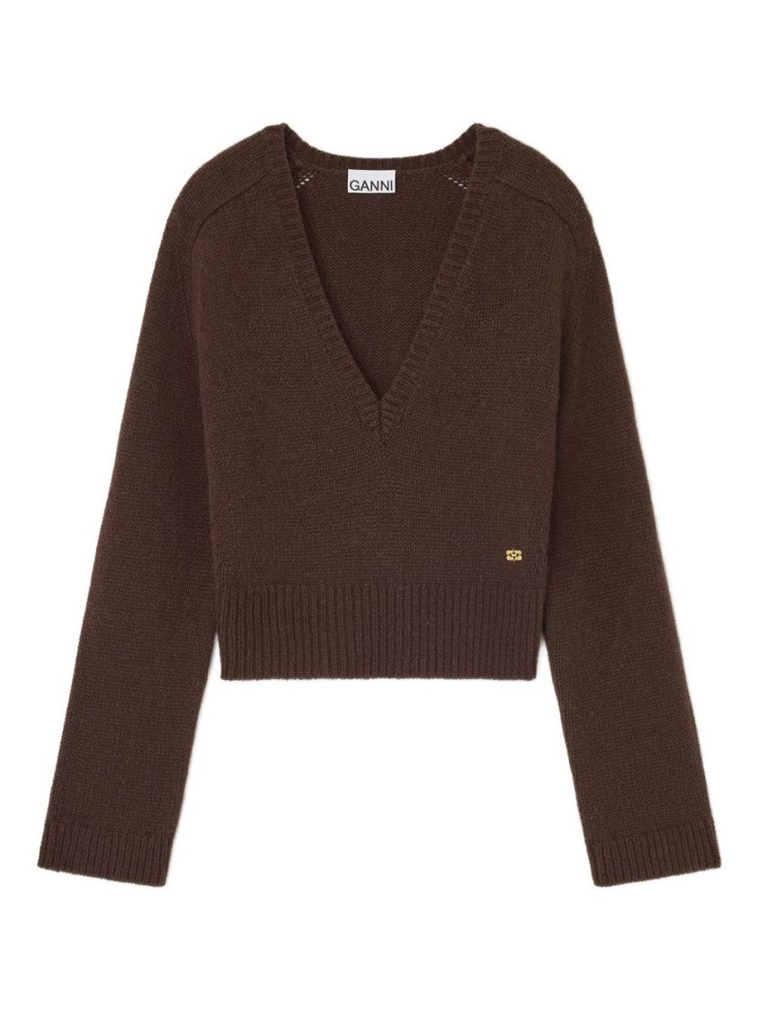 Ganni Deep V-Neck Brown Sweater With Ribbed Details