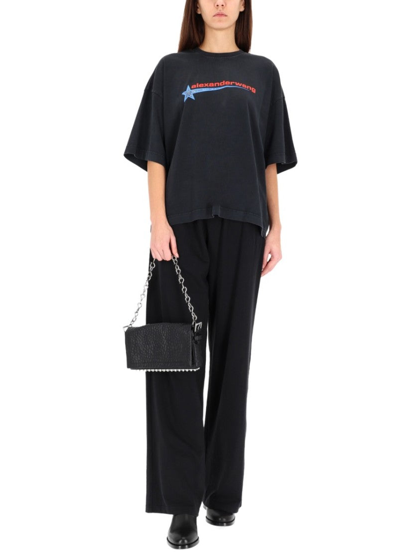 Alexander Wang Loose-Fitting Black T-Shirt With Graphic Design And Uneven Hem
