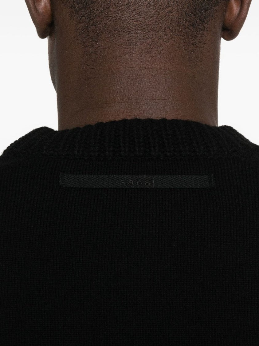Sacai Classic Crew Neck Black Knitted Sweater With Ribbed Detailing
