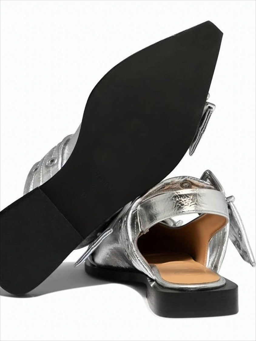 Ganni Pointed Toe Flats With Buckle Detail And Metallic Finish
