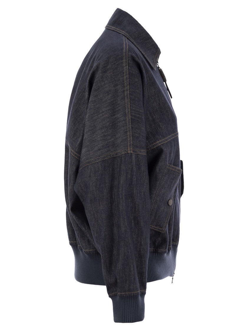 Brunello Cucinelli Denim-Effect Twill Bomber Jacket With Shiny Zip
