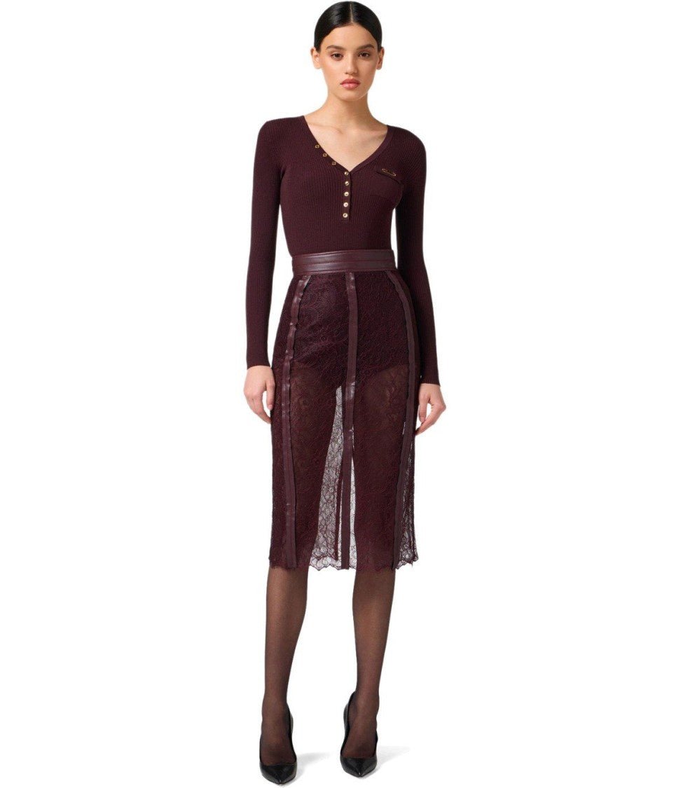 Elisabetta Franchi Merlot Ribbed Long-Sleeved Top With Gold Button Detail