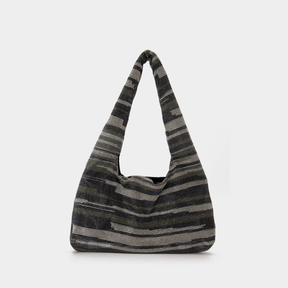 Kara Crystal Mesh Armpit Hobo Bag - Black Stripes - Strass