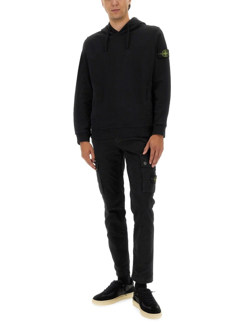 Stone Island Black Cotton Hoodie With Logo Patch