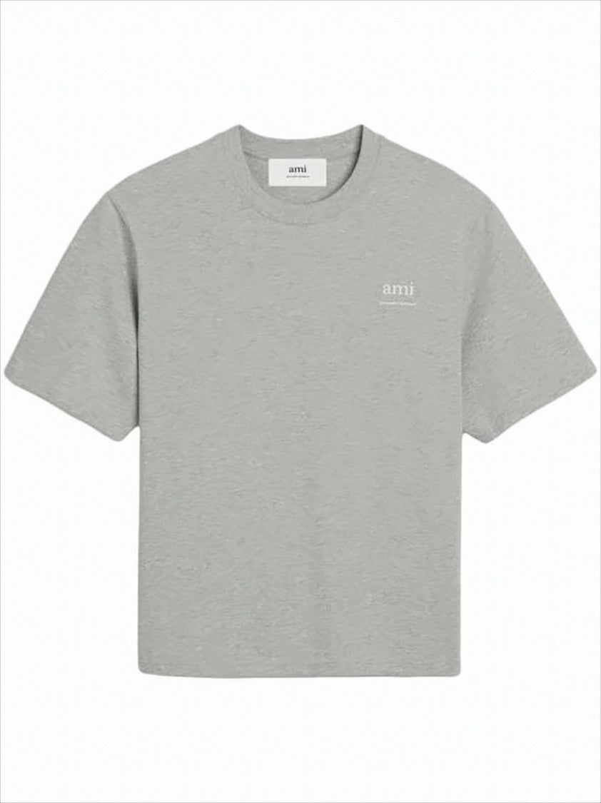 Ami Relaxed Fit Grey Cotton T-Shirt With Subtle Logo