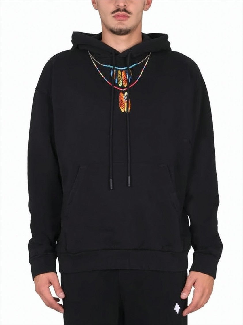 Marcelo Burlon Relaxed Fit Black Hoodie With Feather Embroidery
