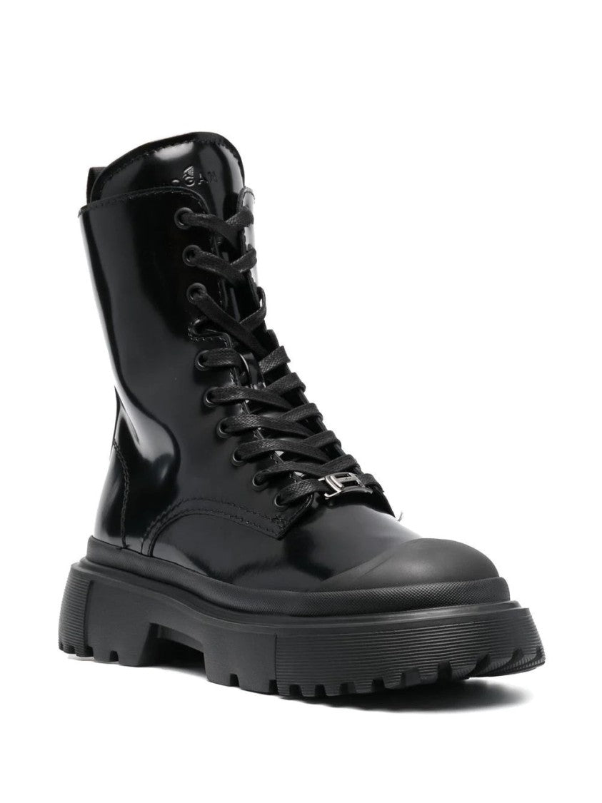 Hogan Glossy Black Ankle Boots With Lace-Up Front And Chunky Sole