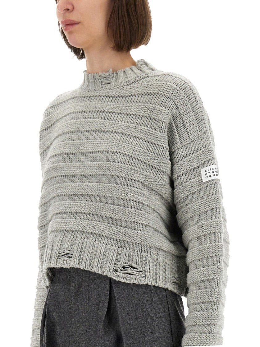 Mm6 By Maison Margiela Cropped Textured Knit Pullover With Distressed Hem