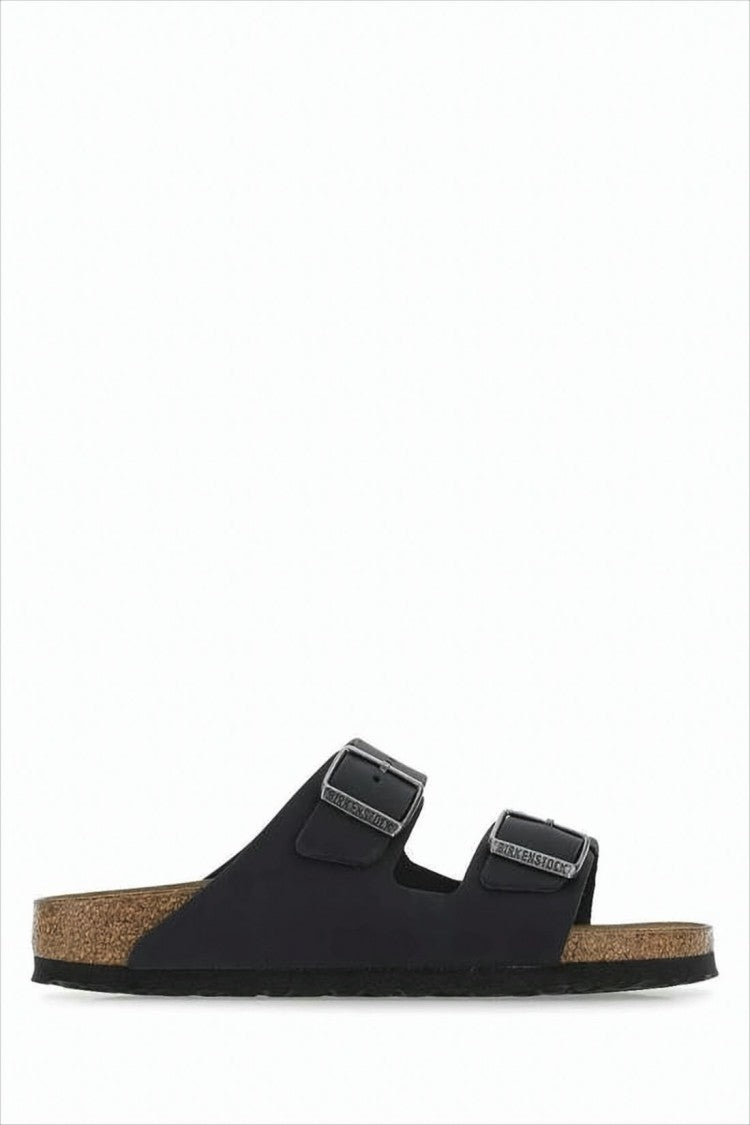 Birkenstock Two-Strap Black Leather Slide Sandals