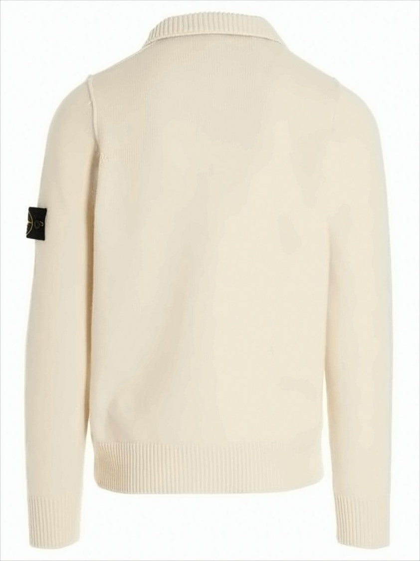 Stone Island Creamy Knit Cardigan With Iconic Patch