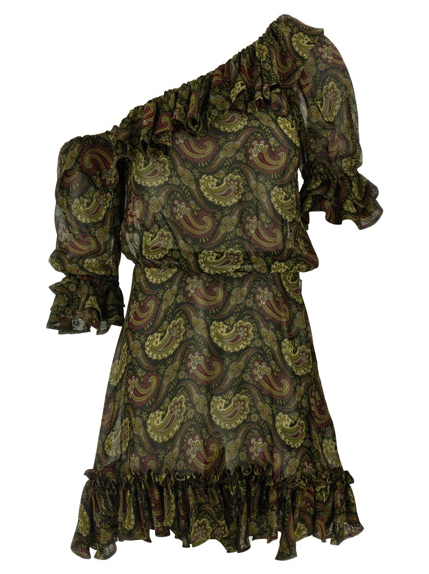 Saint Laurent Paisley Print One-Shoulder Mini Dress