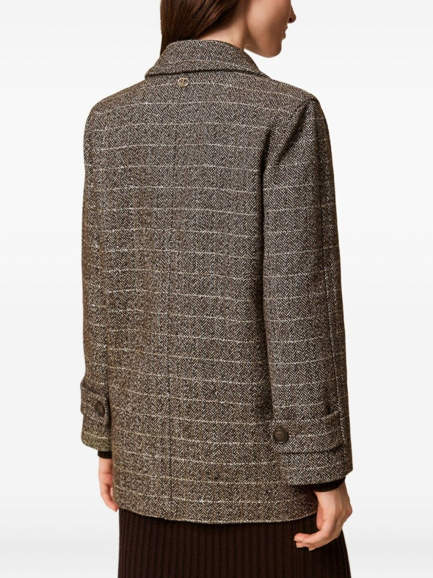 Twin-Set Double-Breasted Checkered Coat With Notched Lapel