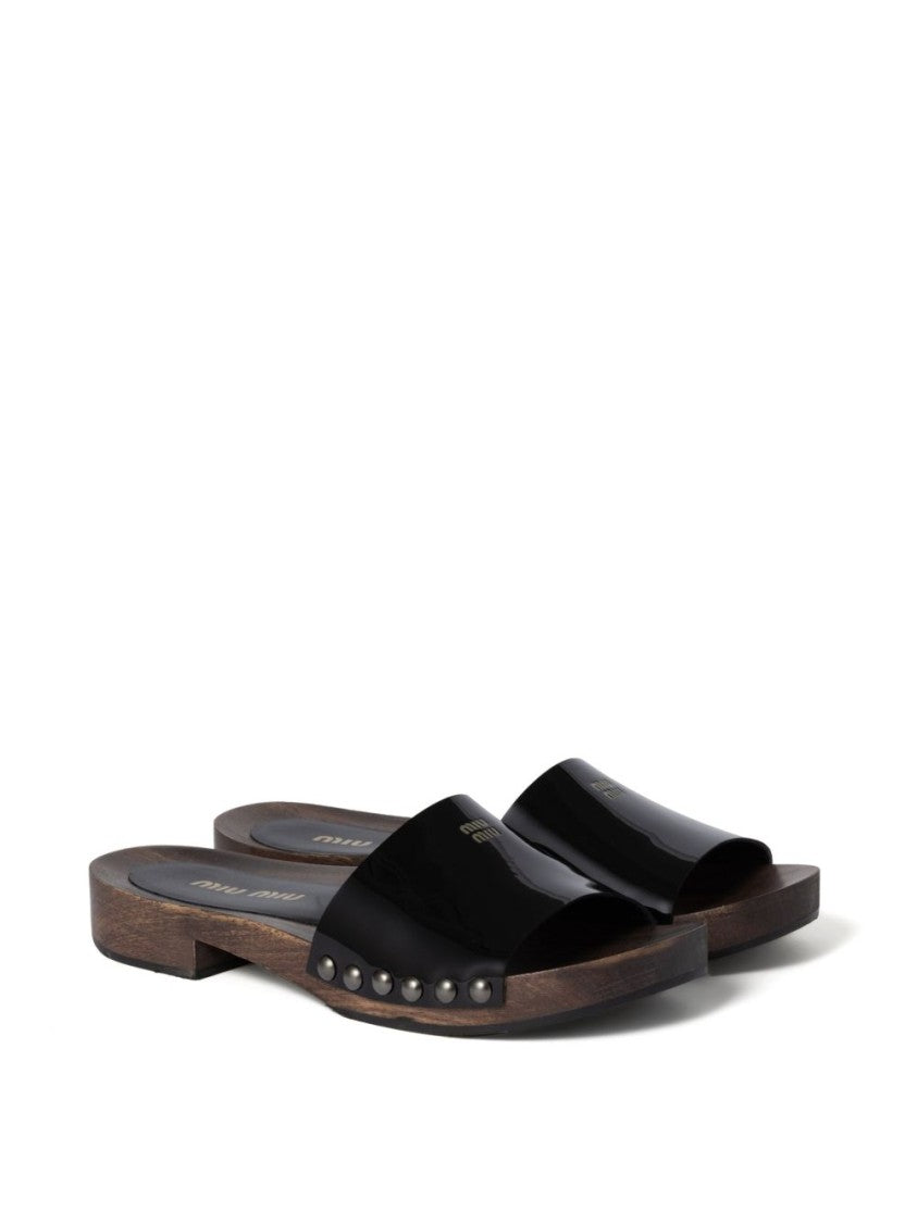 Miu Miu Open-Toe Black Patent Sandals With Decorative Studs