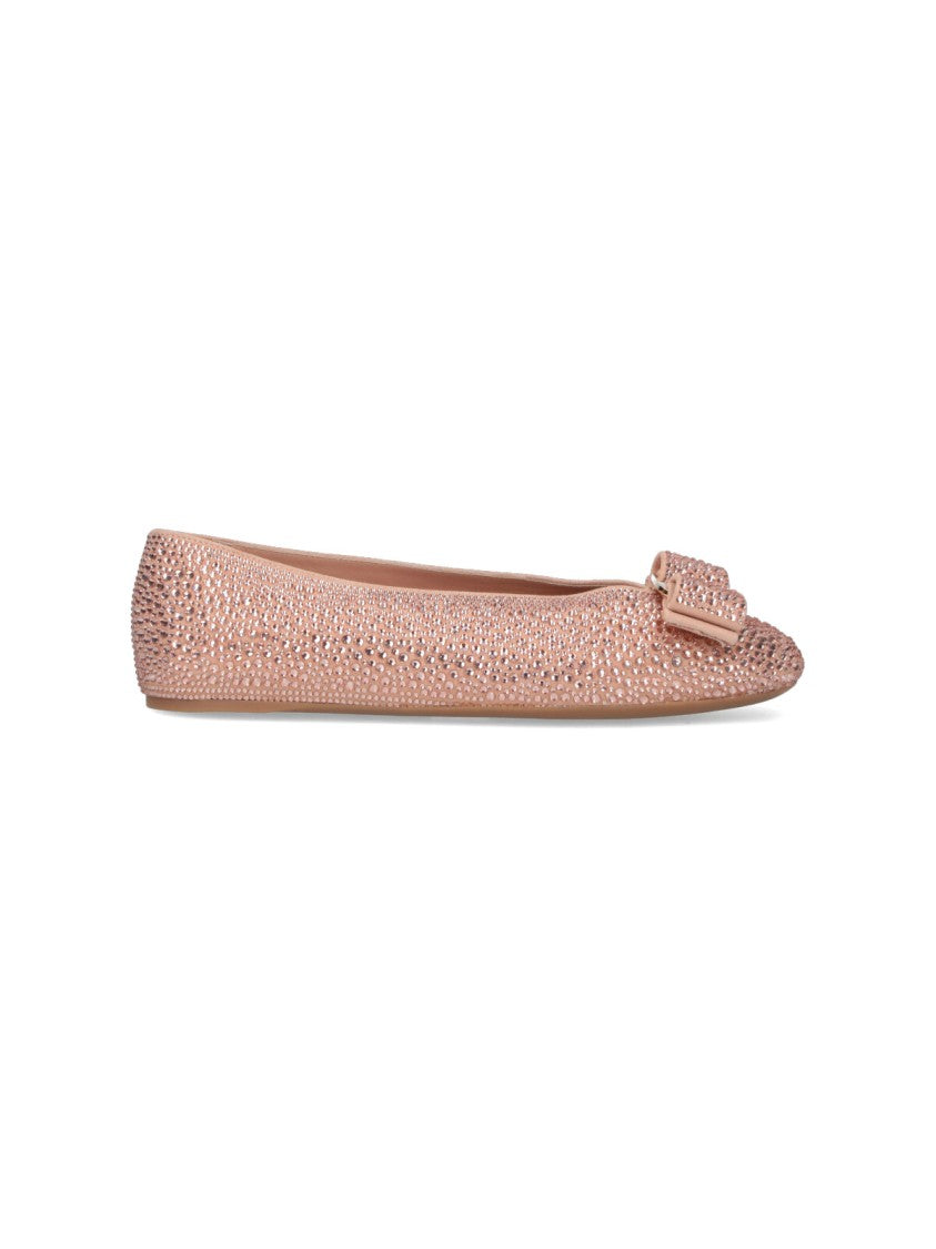 Ferragamo Pointed Toe Pink Flats With Sparkling Embellishments