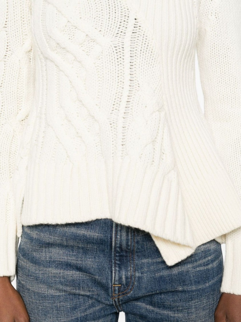 Sacai Cable Knit Sweater With Ruffled Hem And Asymmetrical Details