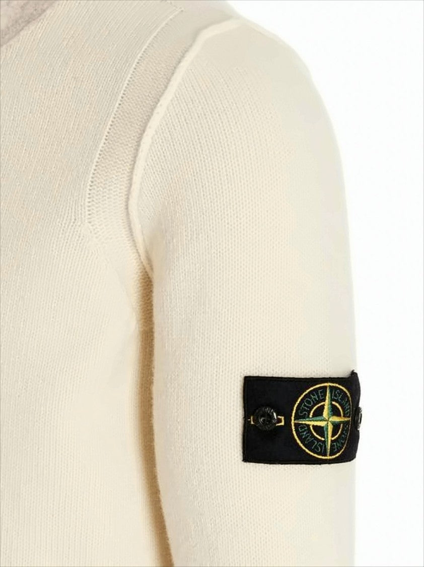 Stone Island Creamy Knit Cardigan With Iconic Patch