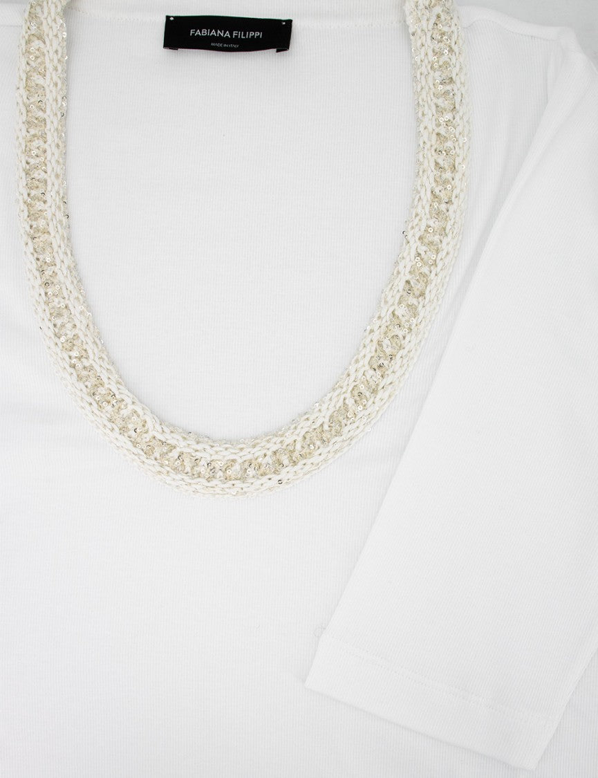 Fabiana Filippi Ribbed Optical White Cotton T-Shirt