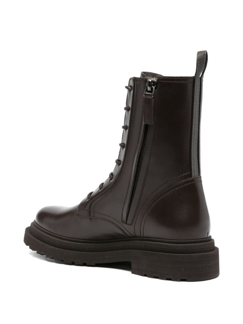 Brunello Cucinelli Polished Leather Lace-Up Boots With Side Zipper And Treaded Sole