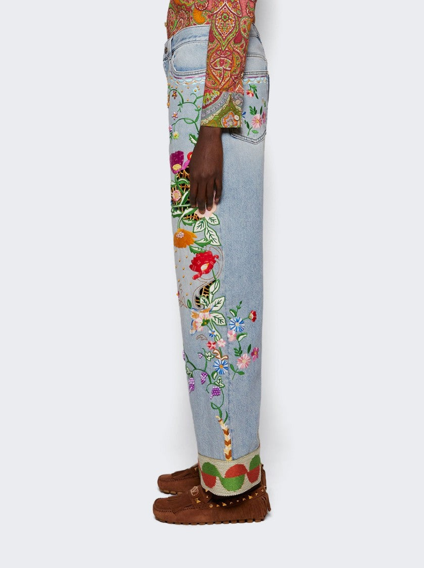 Valentino Embroidered Denim Pants - Blue