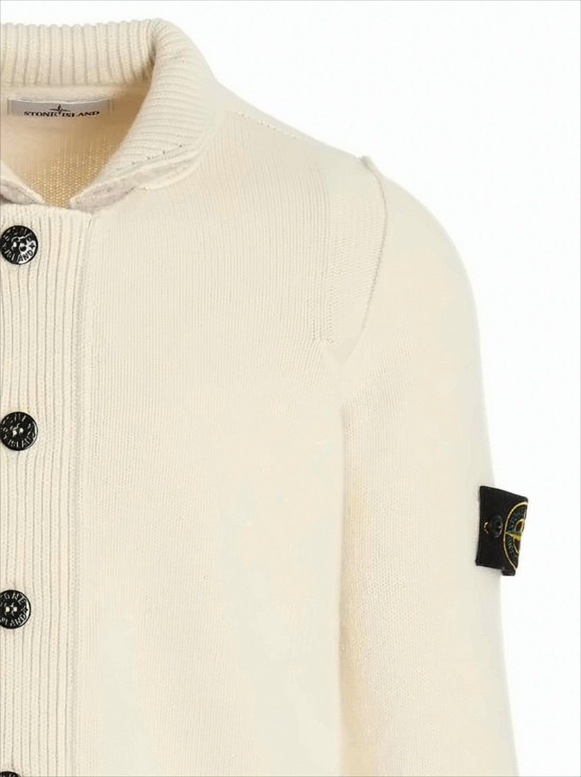 Stone Island Creamy Knit Cardigan With Iconic Patch