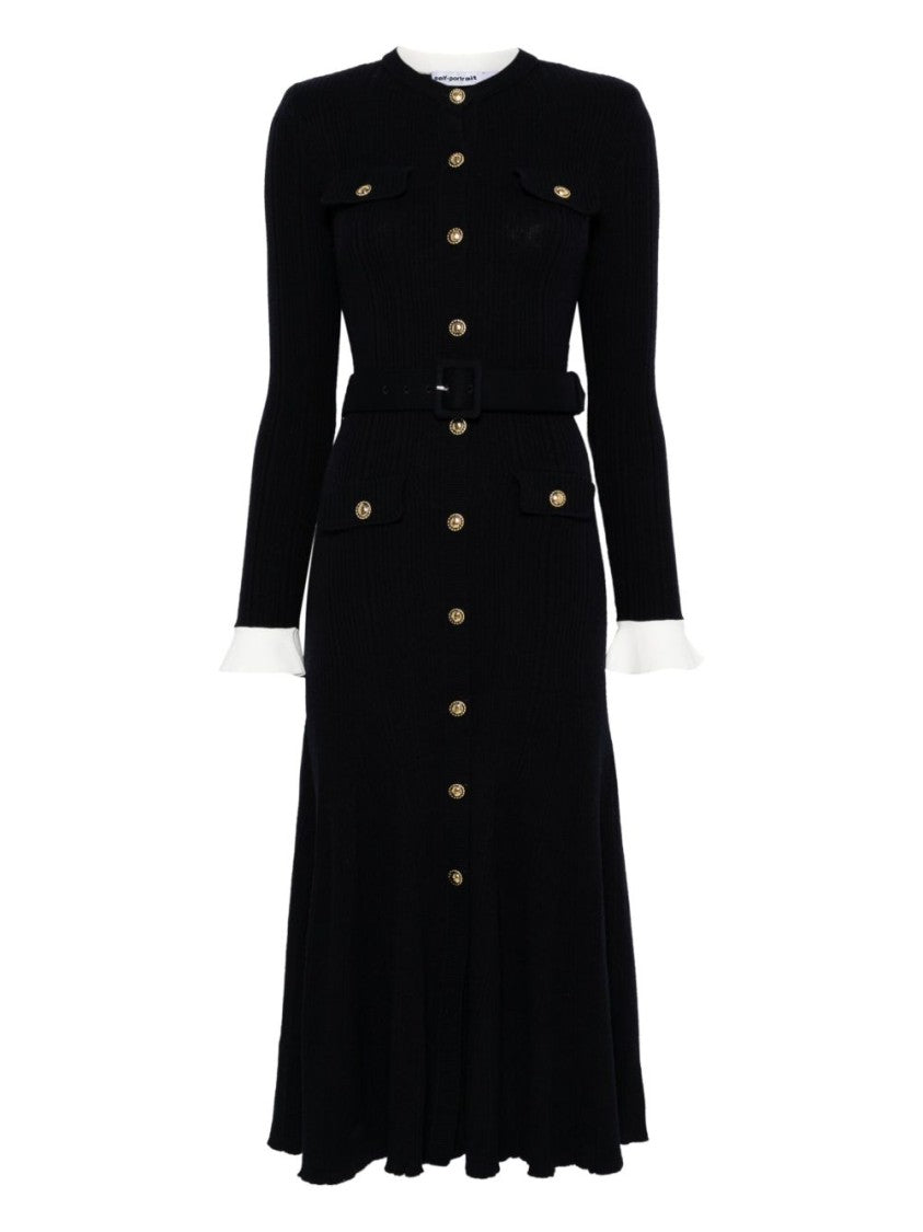 Self-Portrait Navy Viscose Knit Midi Dress