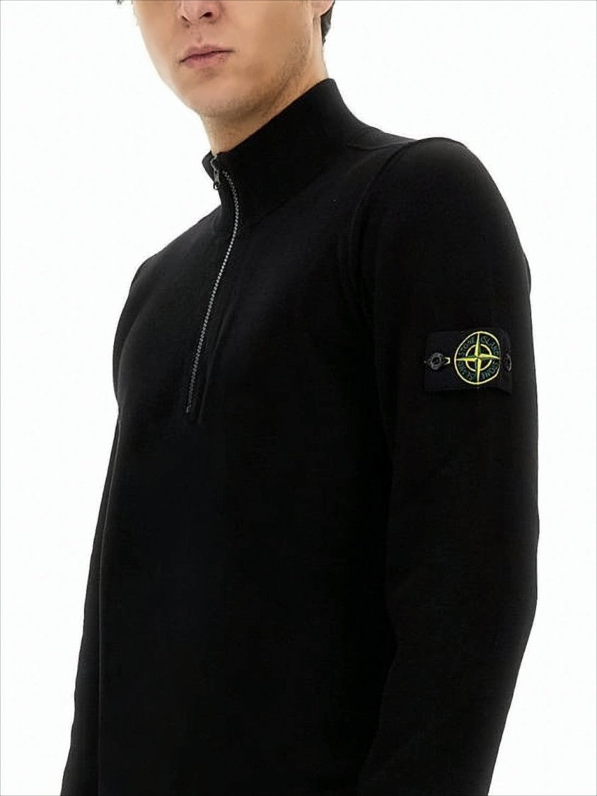Stone Island Tailored Black Long-Sleeve Top With Quarter Zip And Patch Logo