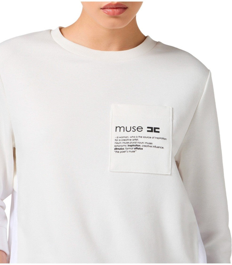 Elisabetta Franchi Ivory Sweatshirt With Poplin Hem And Logo Details